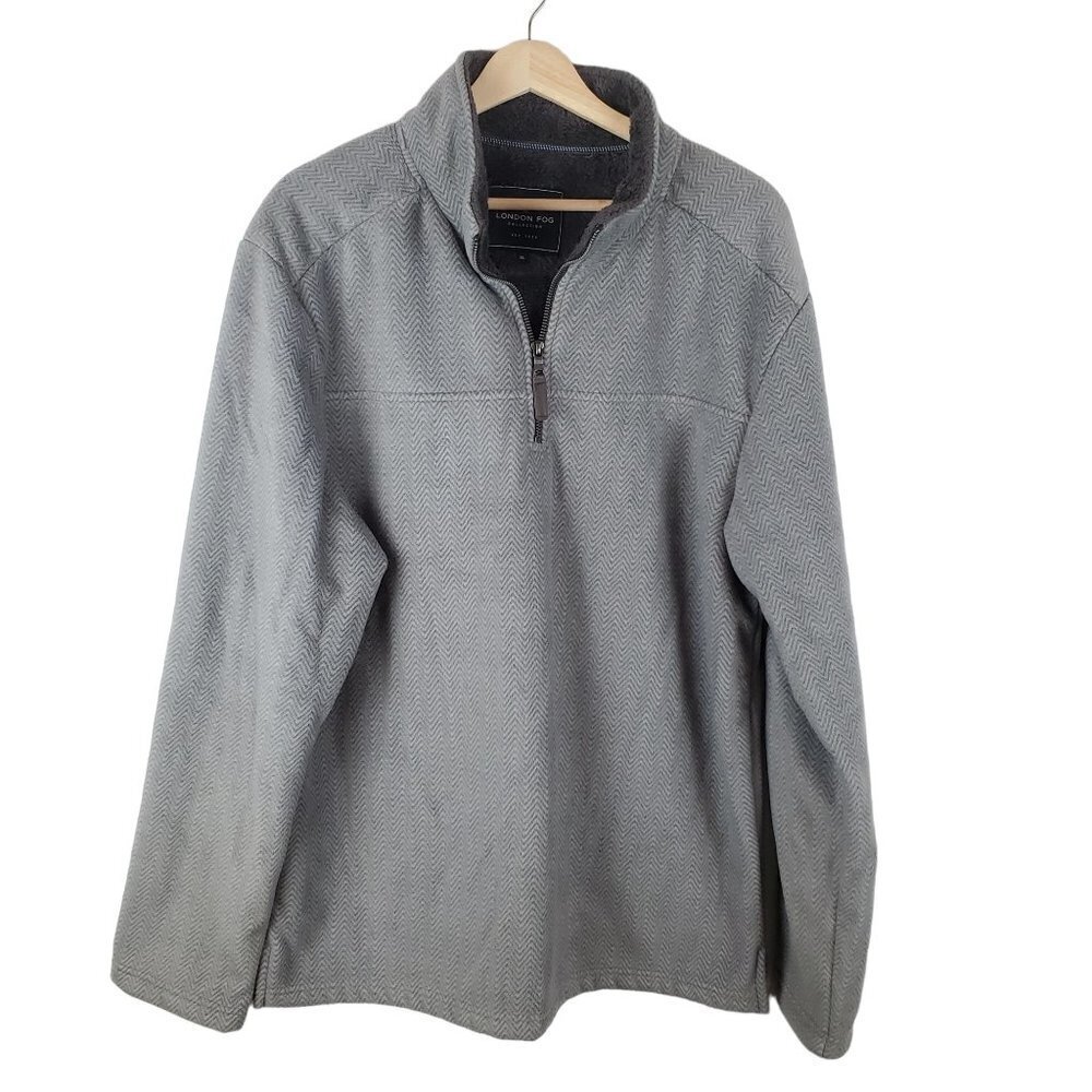 London Fog Pullover Fleece 1/4 zip Sweater Mens XL Gray Chevron‎ Long sleeve